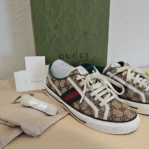 Gucci Beige Monogram Sneakers with Red and Green Accents